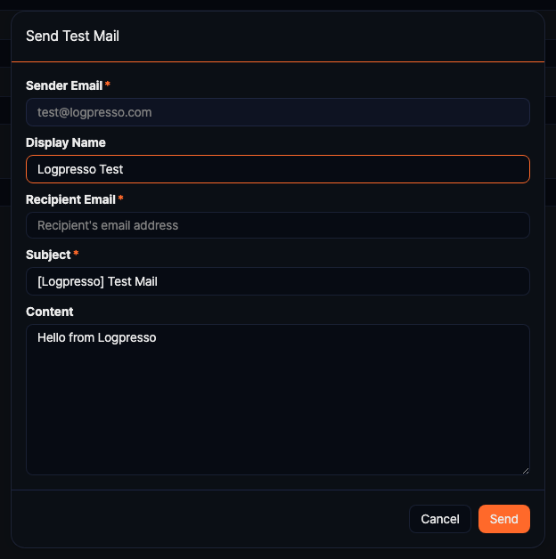 Test Email Sending Dialog
