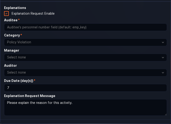 Auditee configuration example — explanation request settings