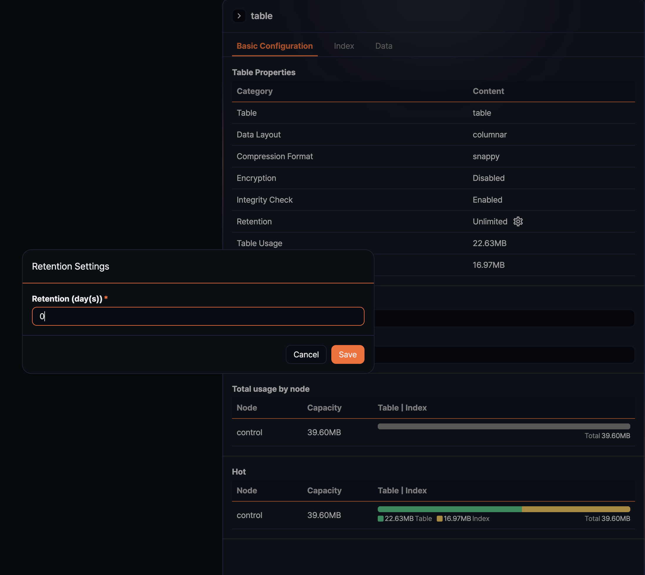 Table View - Change Retention Period