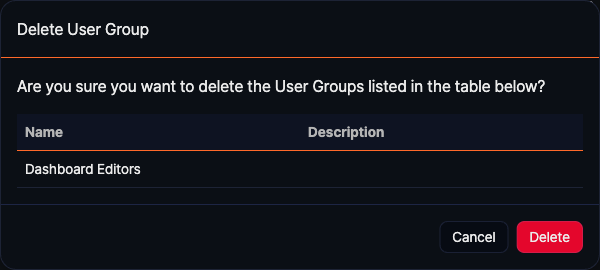 Dialog box to confirm user group deletion