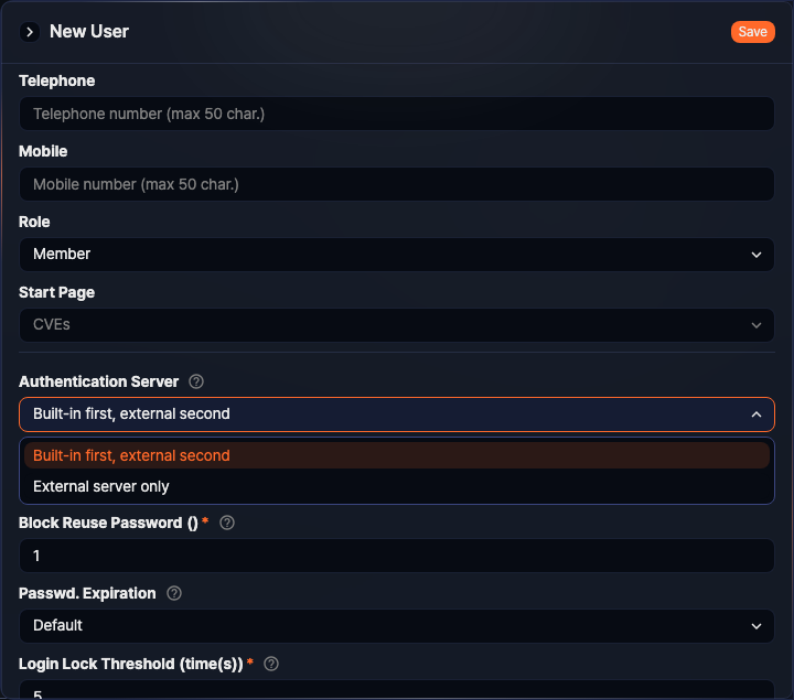 Security settings - Authentication server