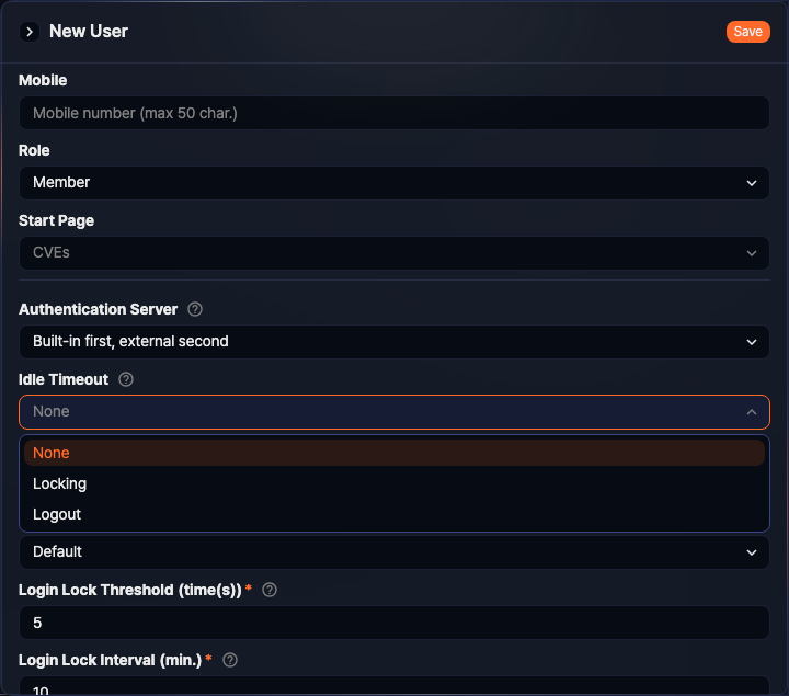 Security settings - Idle timeout set to Lock