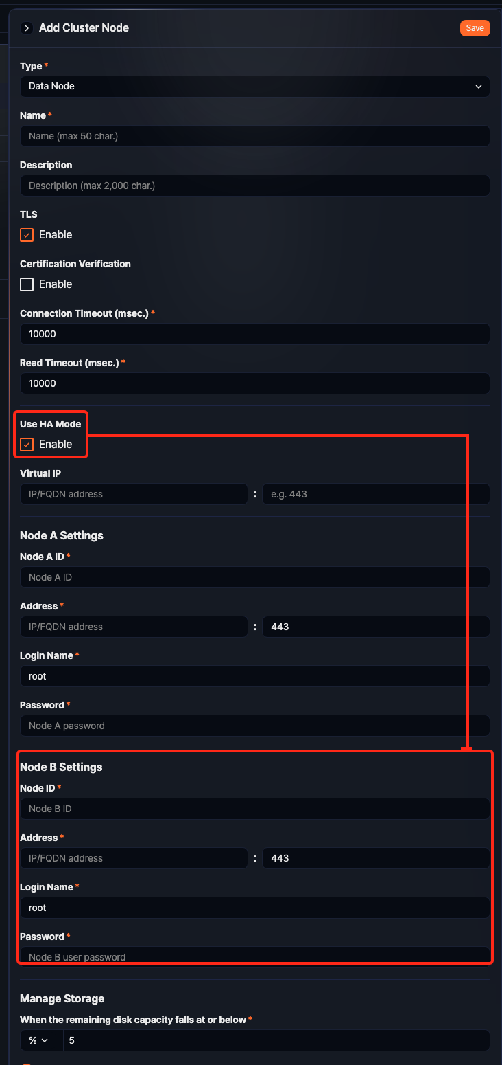 Add Node - Node A/B Settings