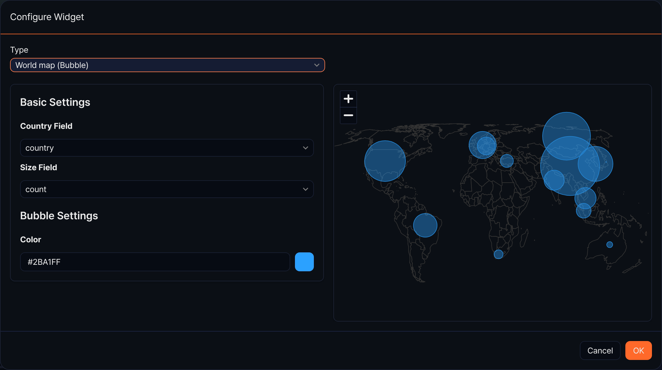 World map (bubble) chart settings