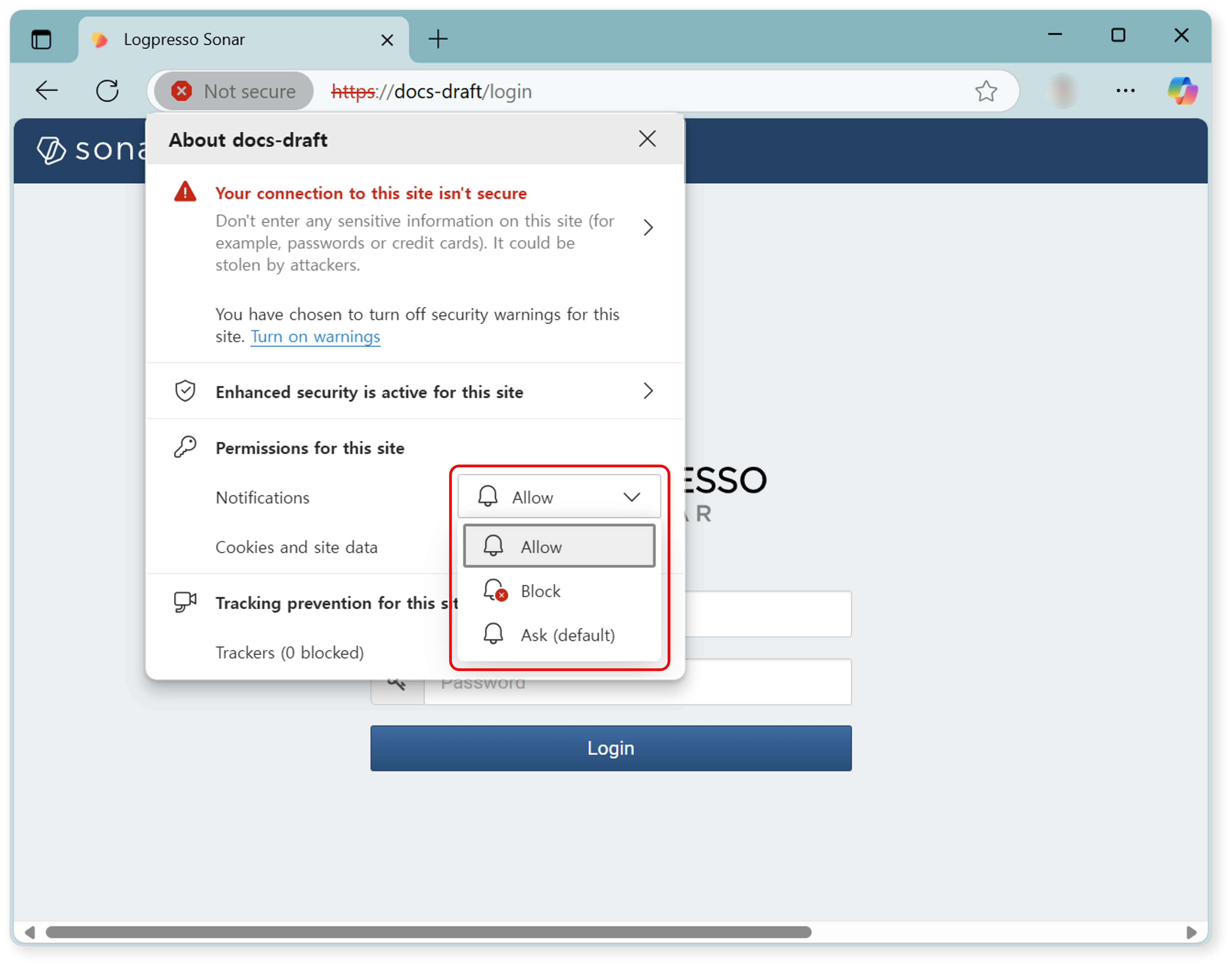 Microsoft Edgeで通知メッセージを許可する例