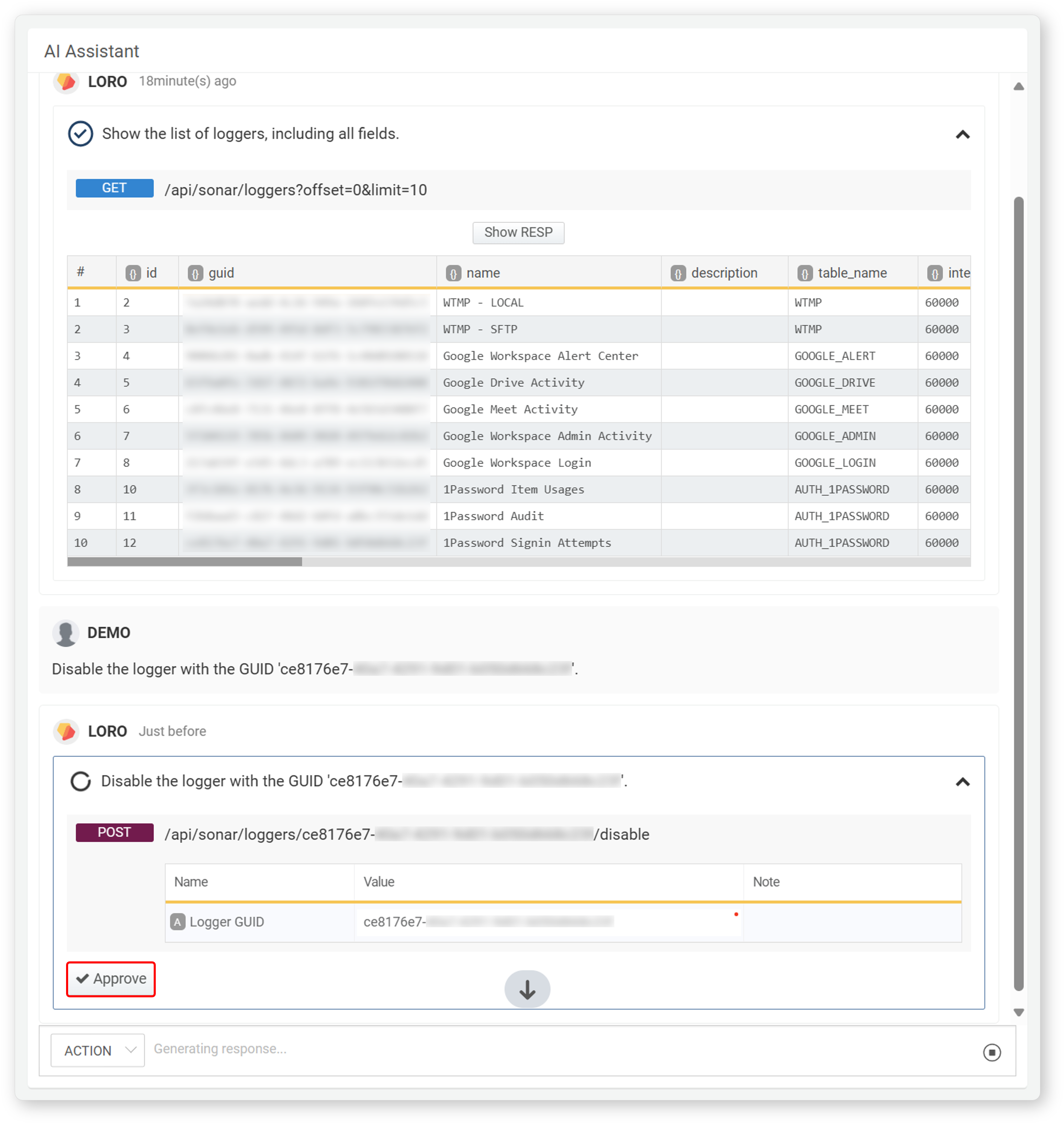 アクションチャット例 - REST API呼び出しのユーザー入力要求