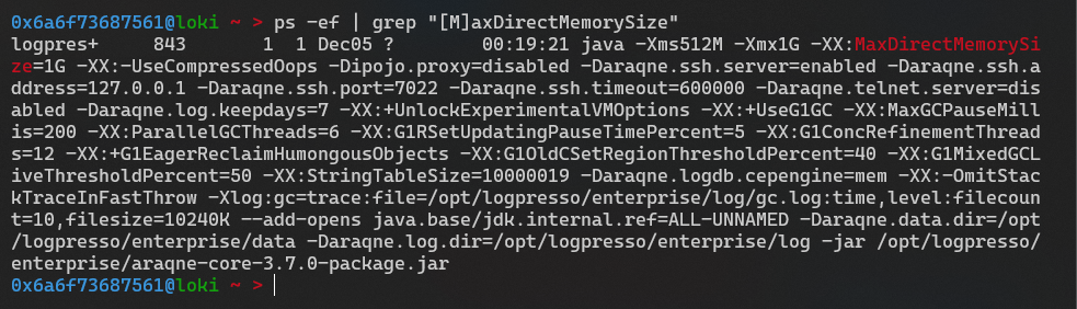 MaxDirectMemorySize 옵션이 지정된 로그프레소 서버 프로세스