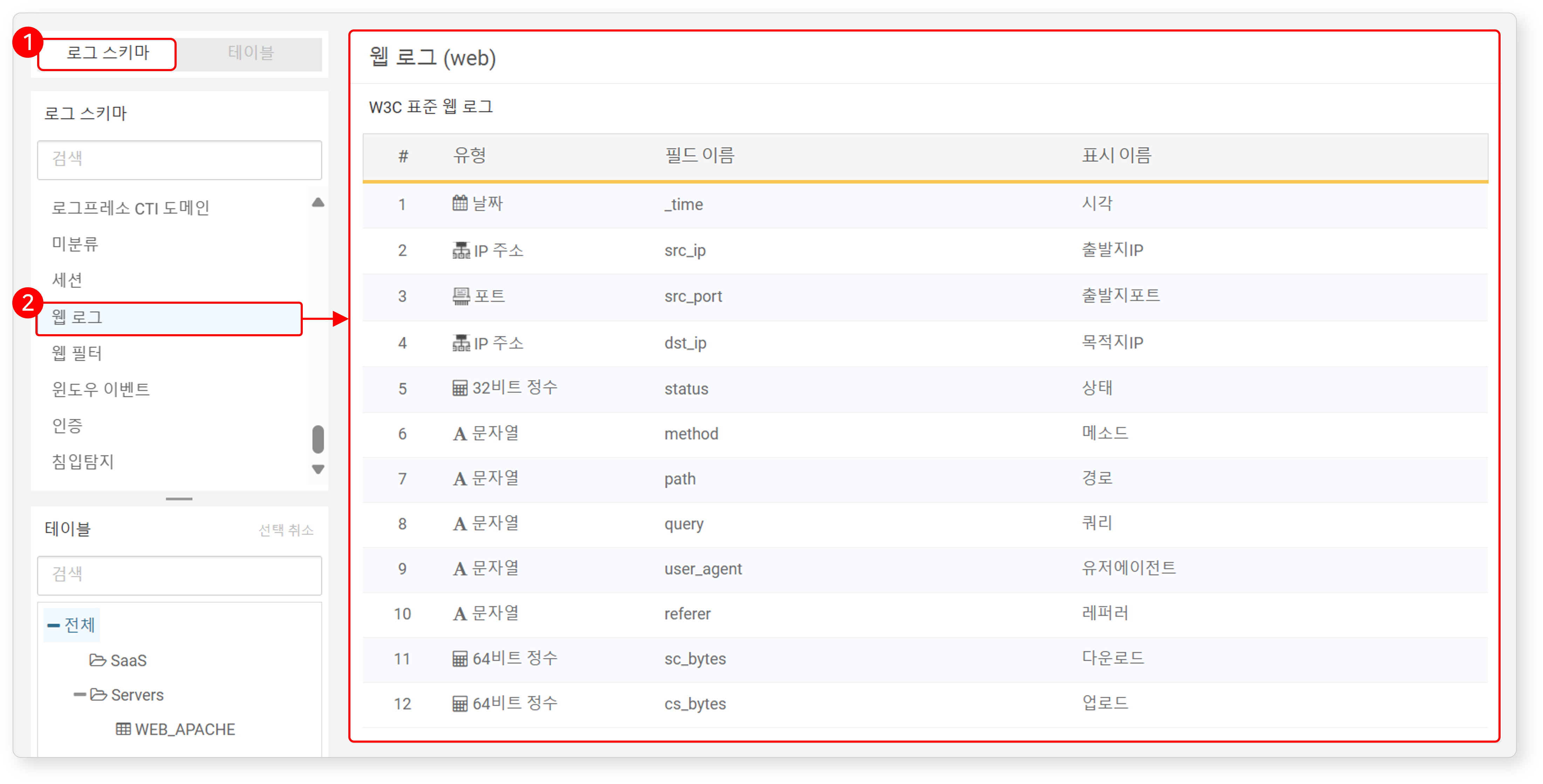 로그 스키마 선택 시 화면