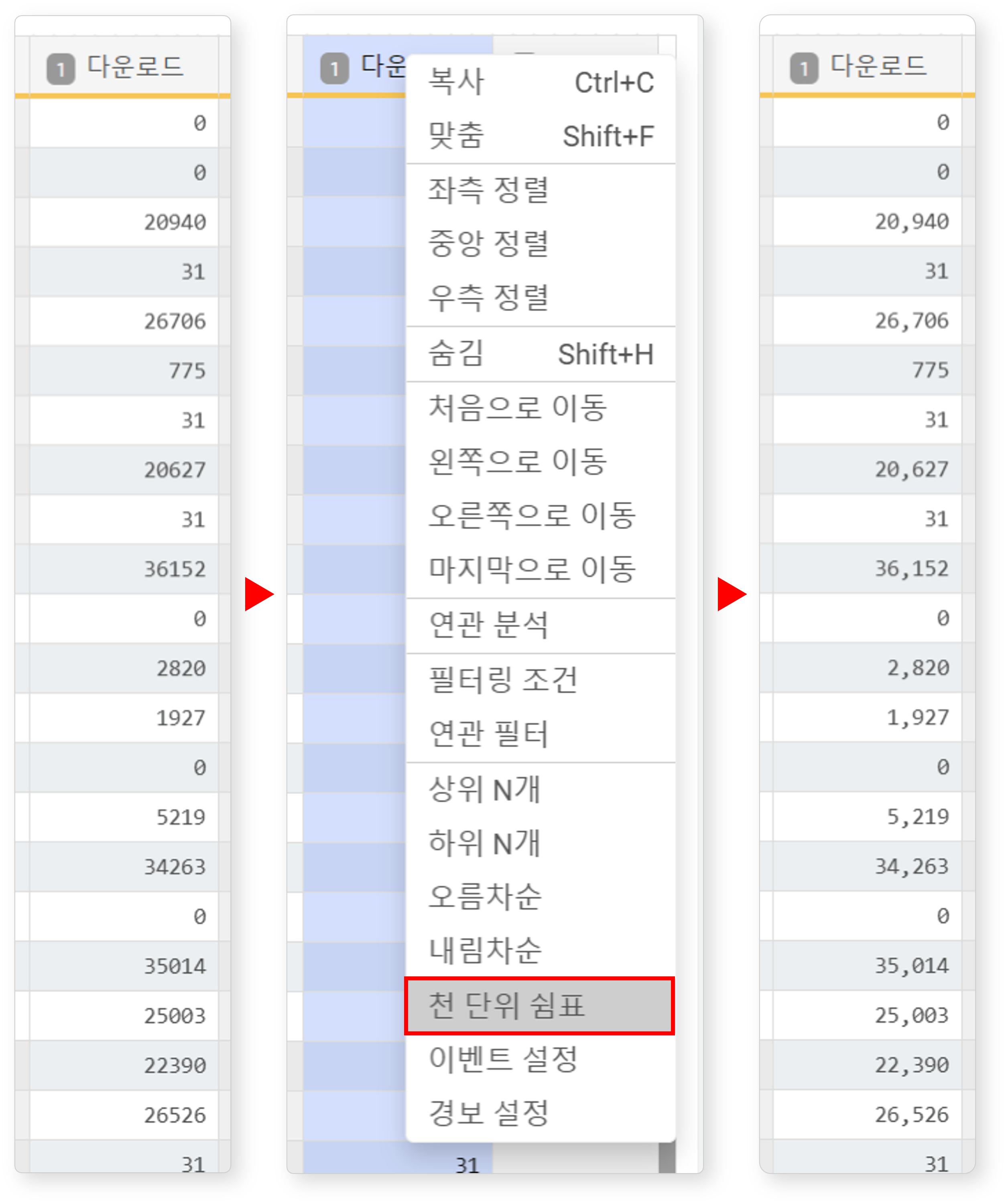 천단위 쉼표 적용 예시