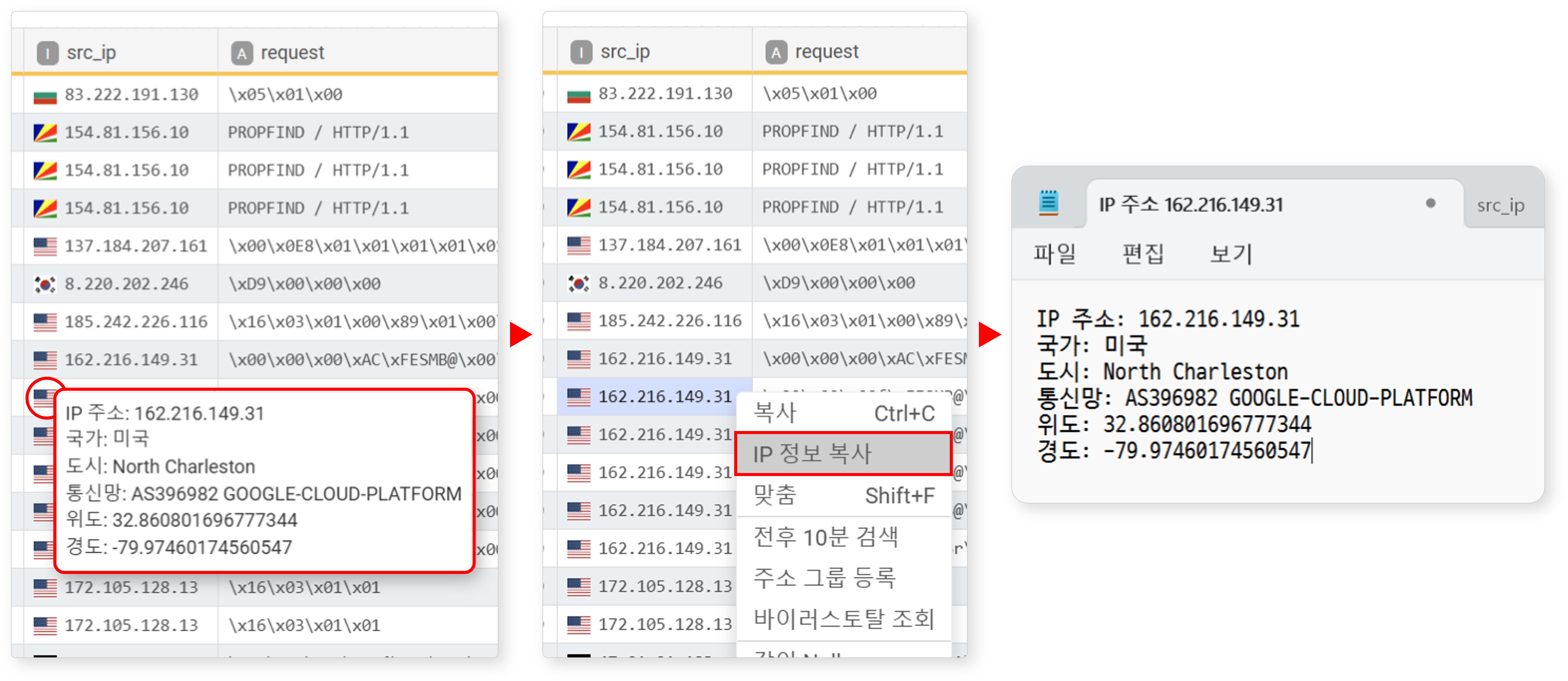 IP 주소 정보 복사 예시
