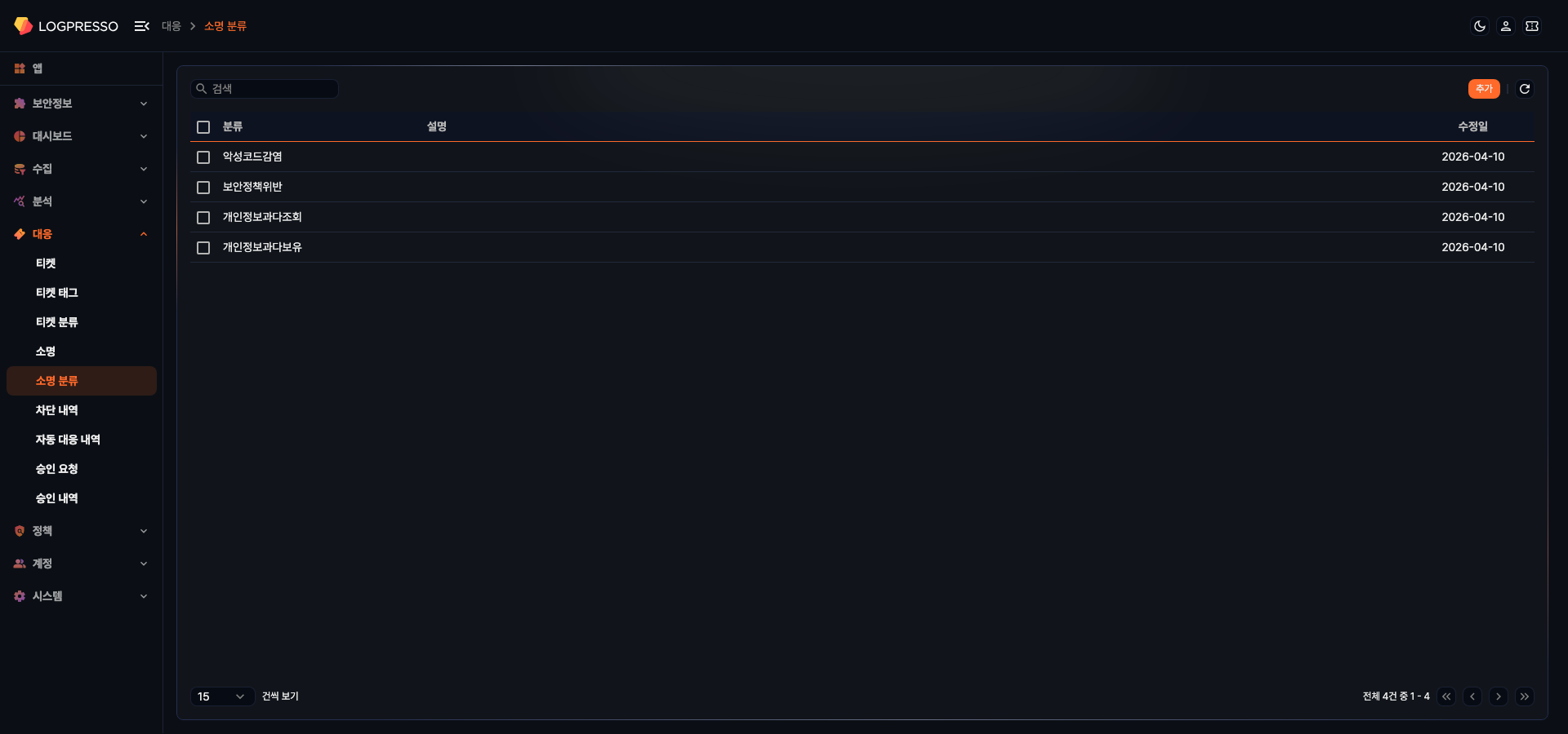 소명 분류 목록