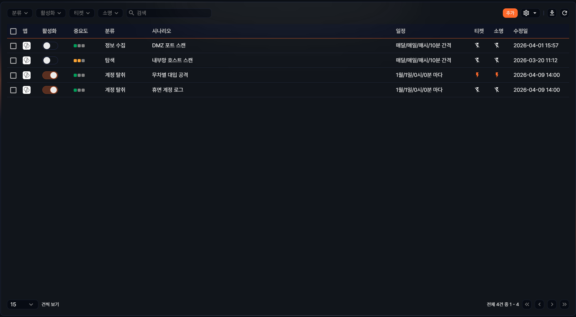 배치 탐지 시나리오 목록