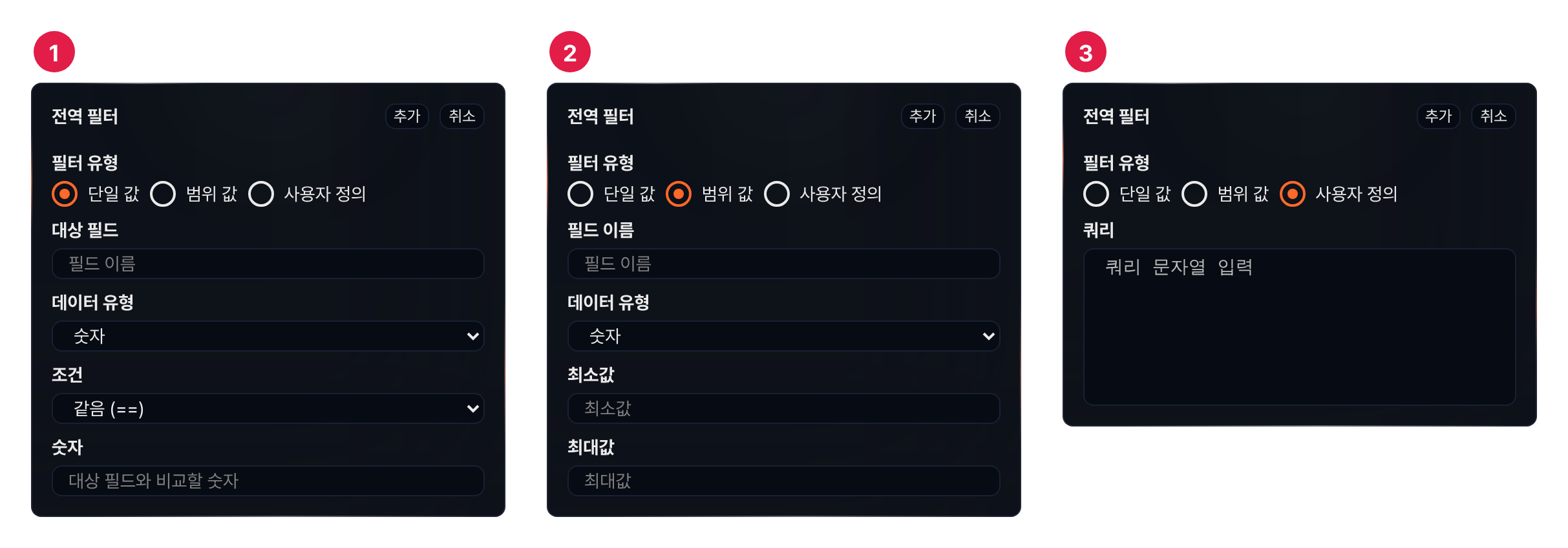 필터 유형별 입력 항목 — ① 단일 값 ② 범위 값 ③ 사용자 정의