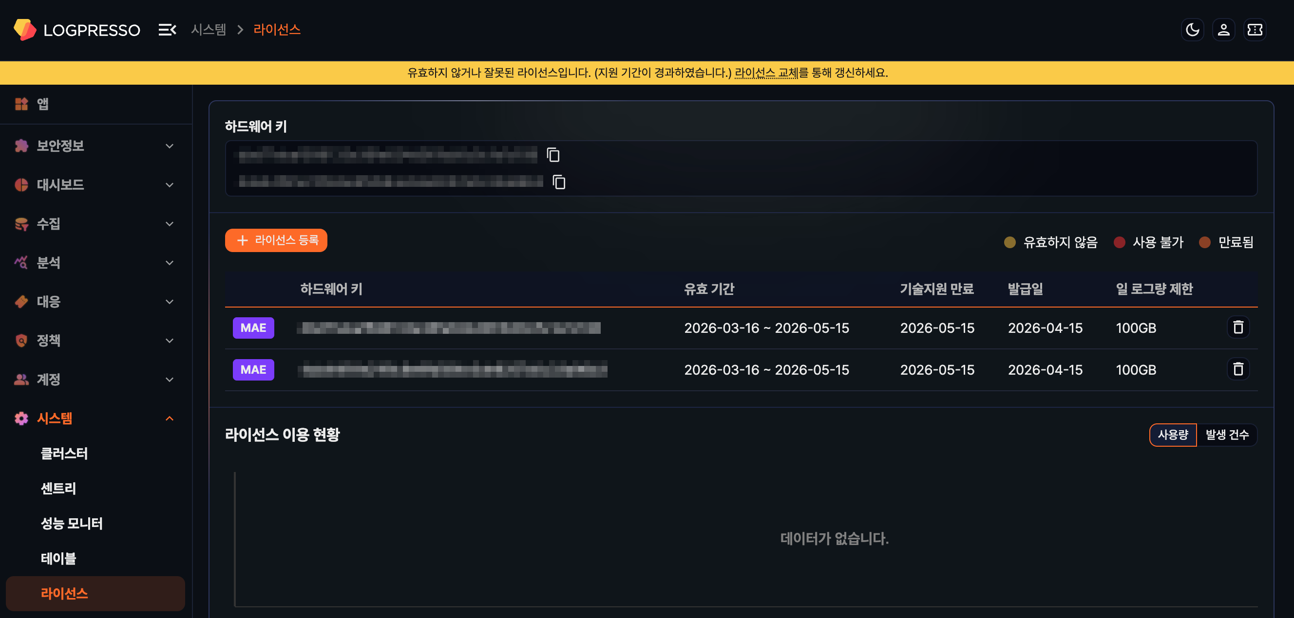 라이선스 만료 안내