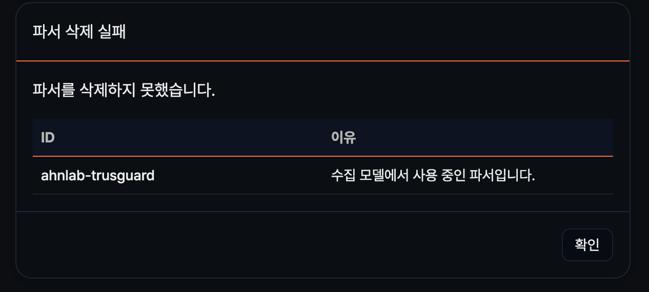 파서 삭제 실패 메시지