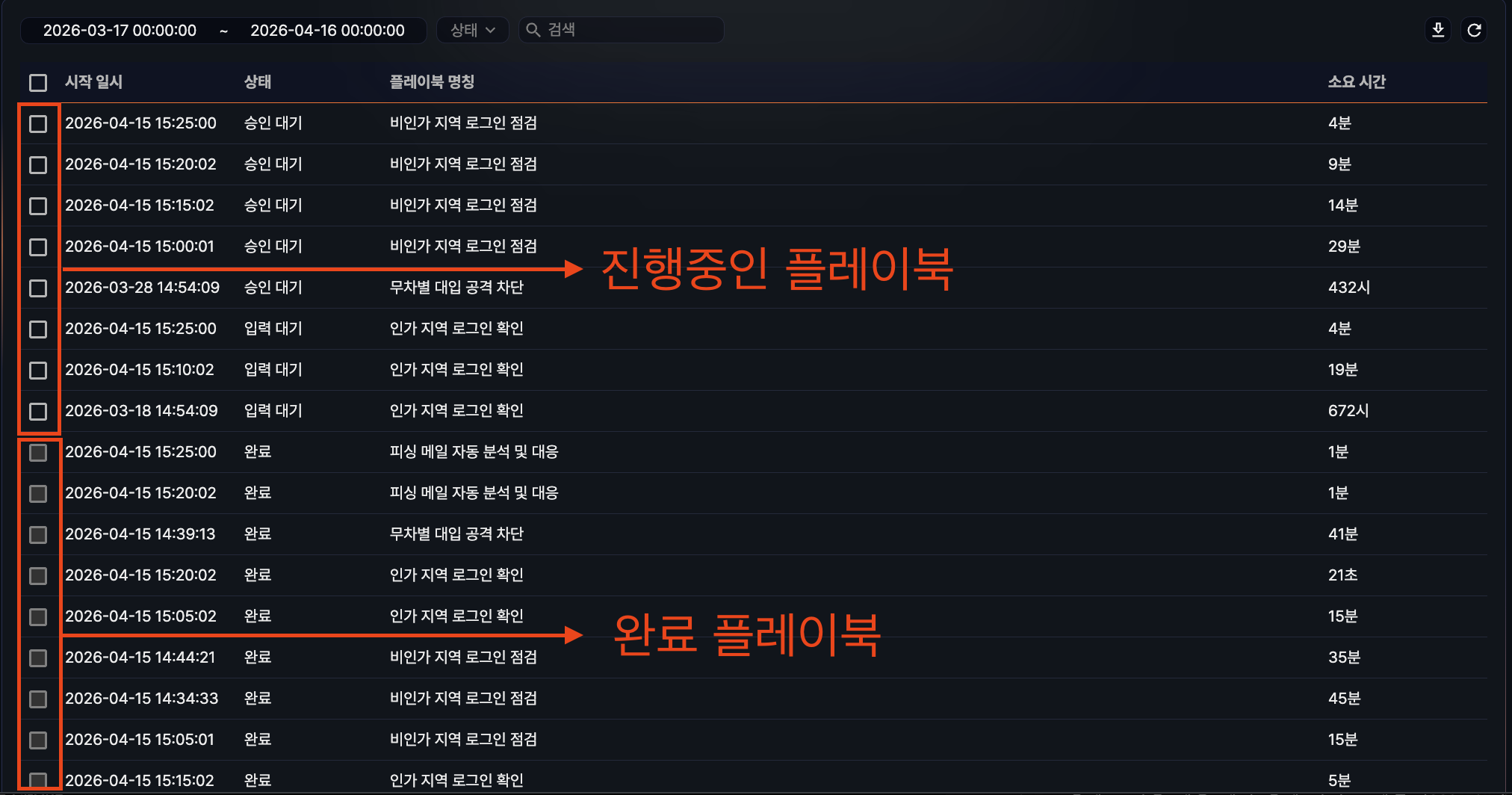 완료된 플레이북 체크박스 비활성화