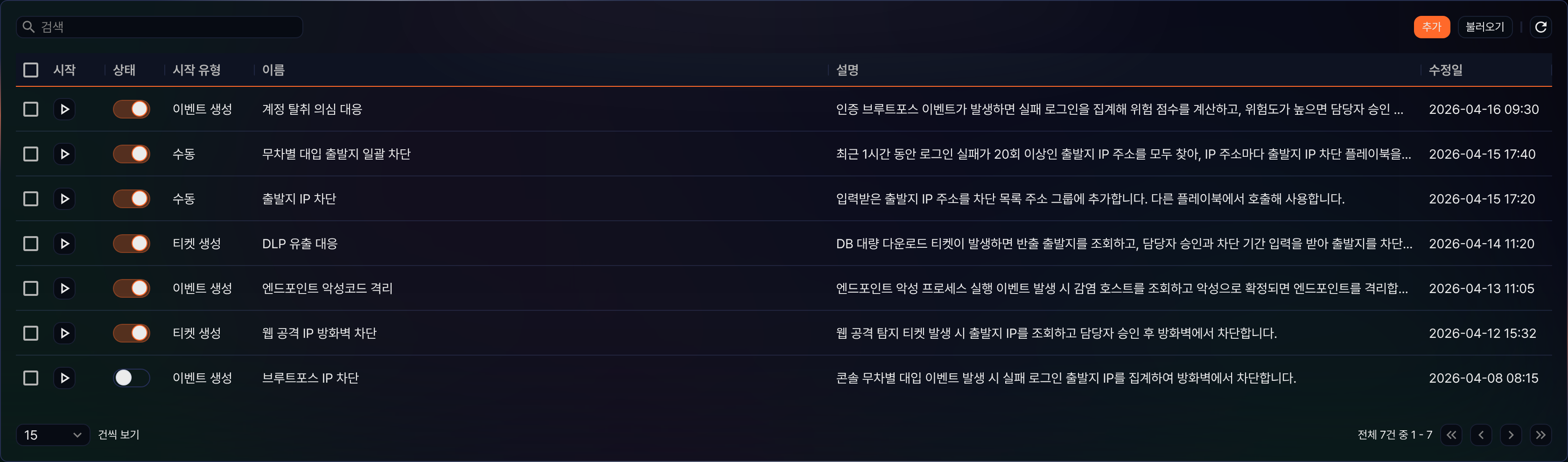 플레이북 목록