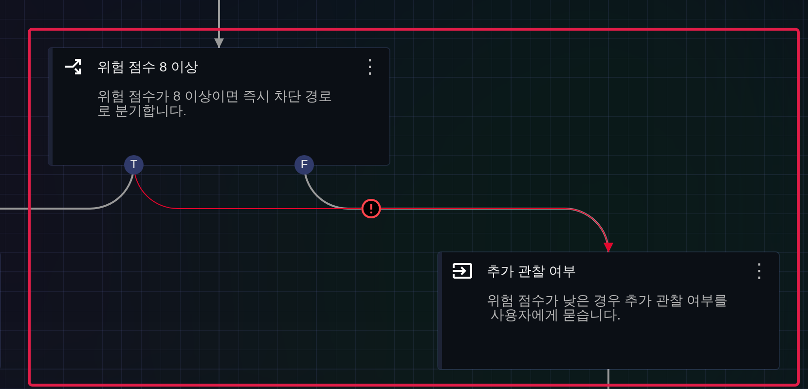 경고 표시 - 논리적으로 분기된 연결선을 동일한 작업으로 연결 시도 시