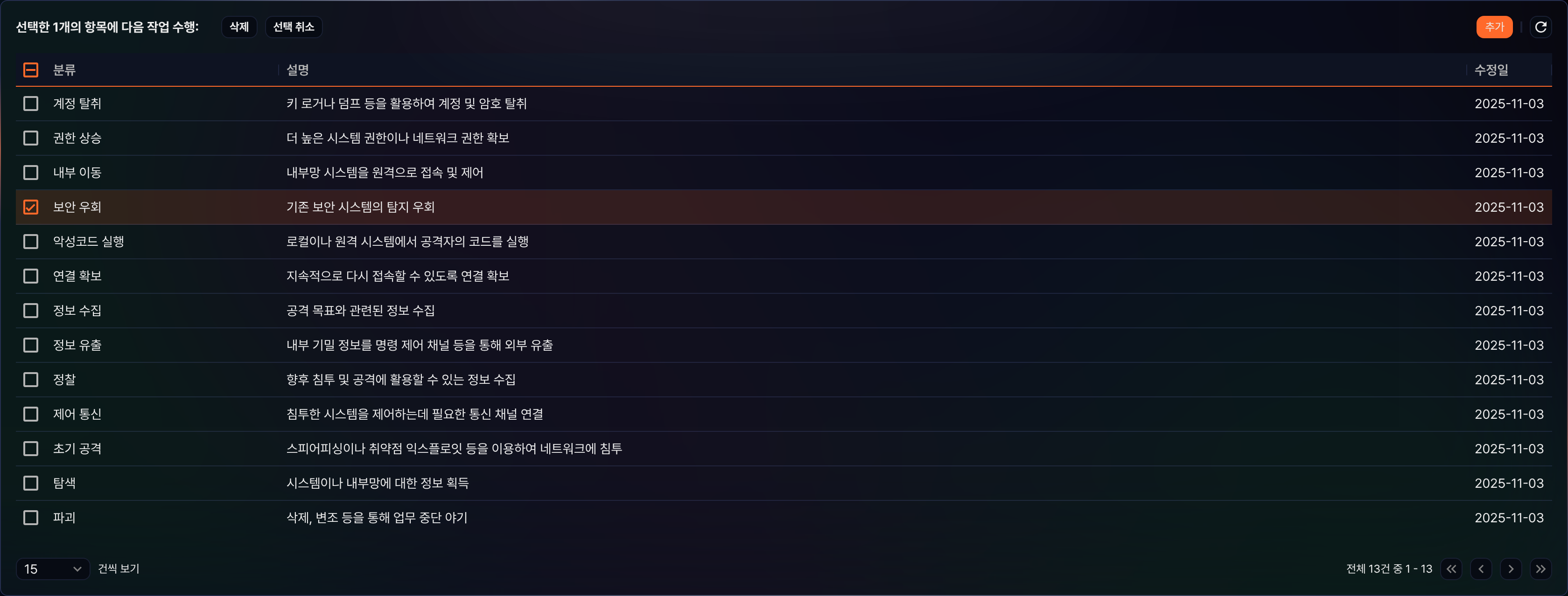 시나리오 분류 행 선택