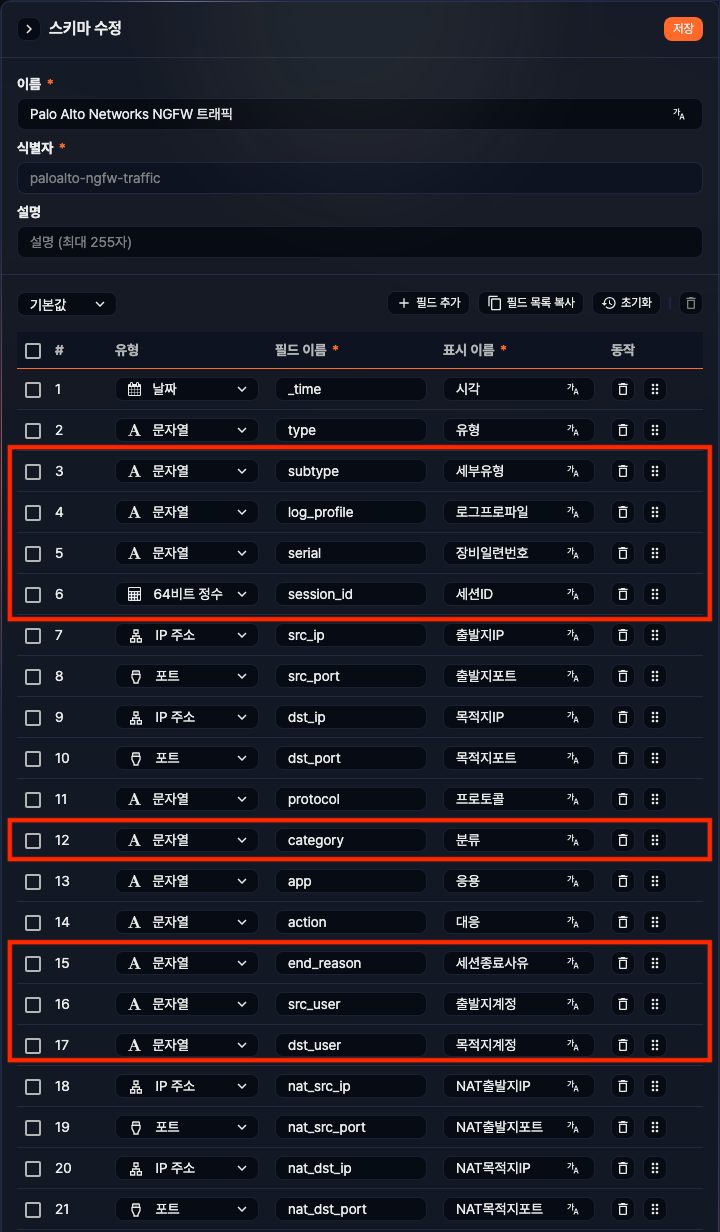 앱 스키마 - Palo Alto Networks NGFW 트래픽 로그 스키마 조회 화면