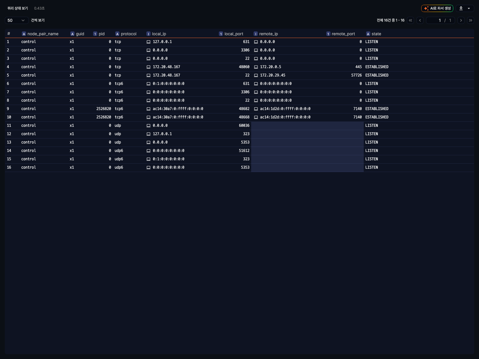 네트워크 연결 조회