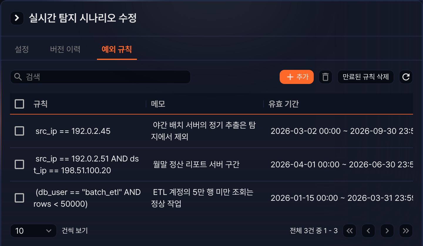 실시간 탐지 시나리오 예외 규칙 목록
