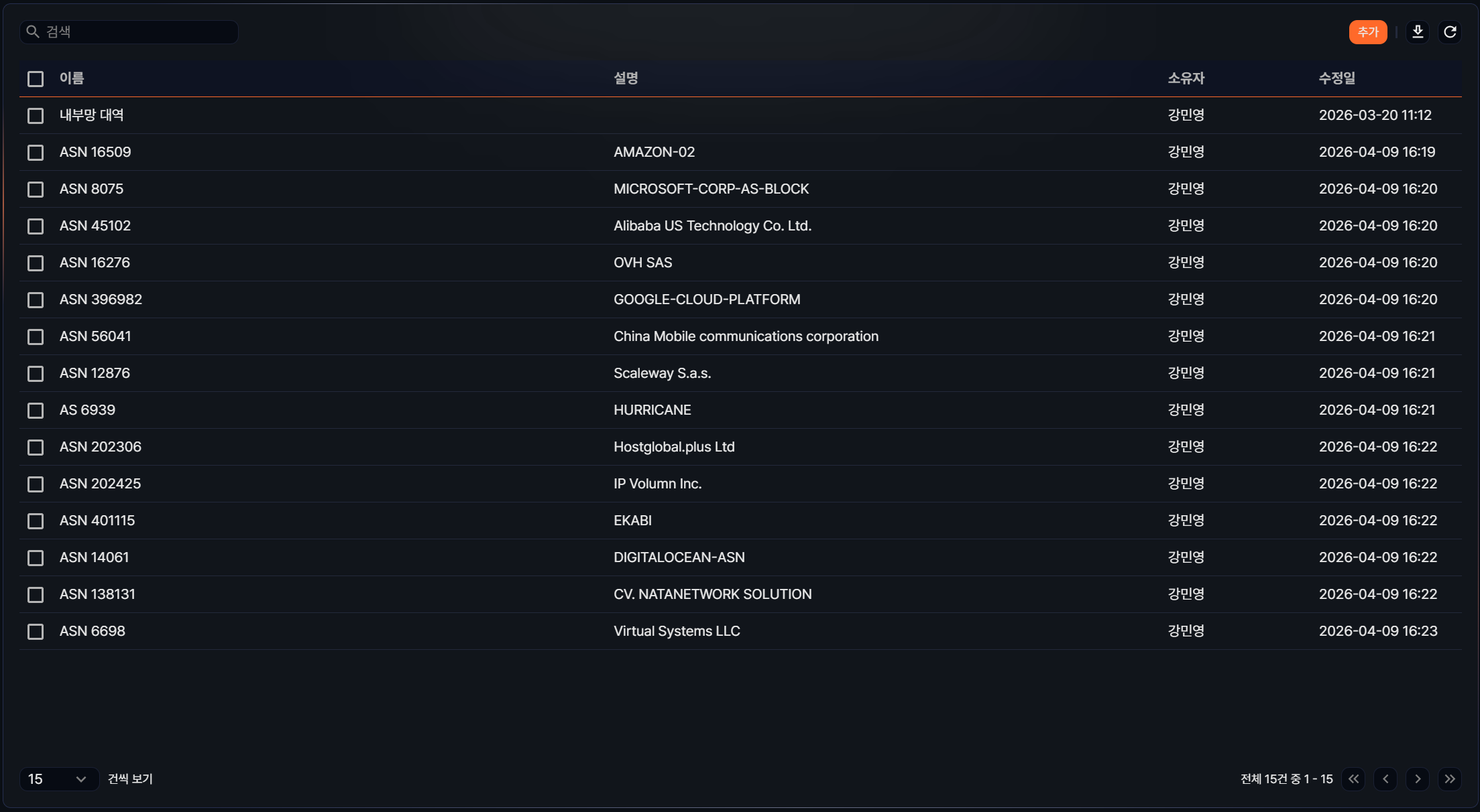 네트워크 대역 목록