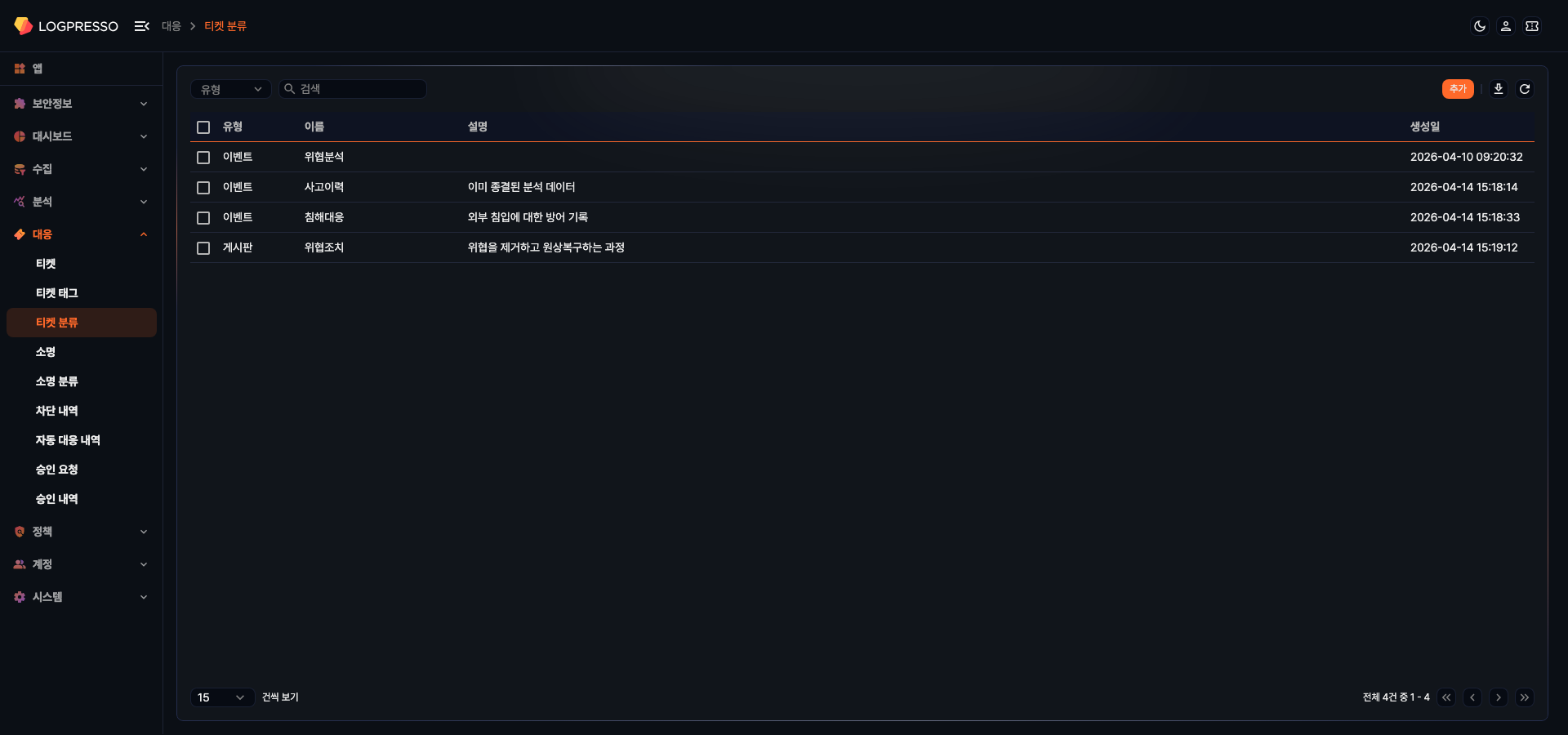 티켓 분류 목록